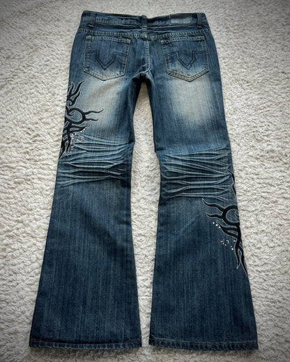 Black Crown Tribal Embroidery Studded Flared Jeans