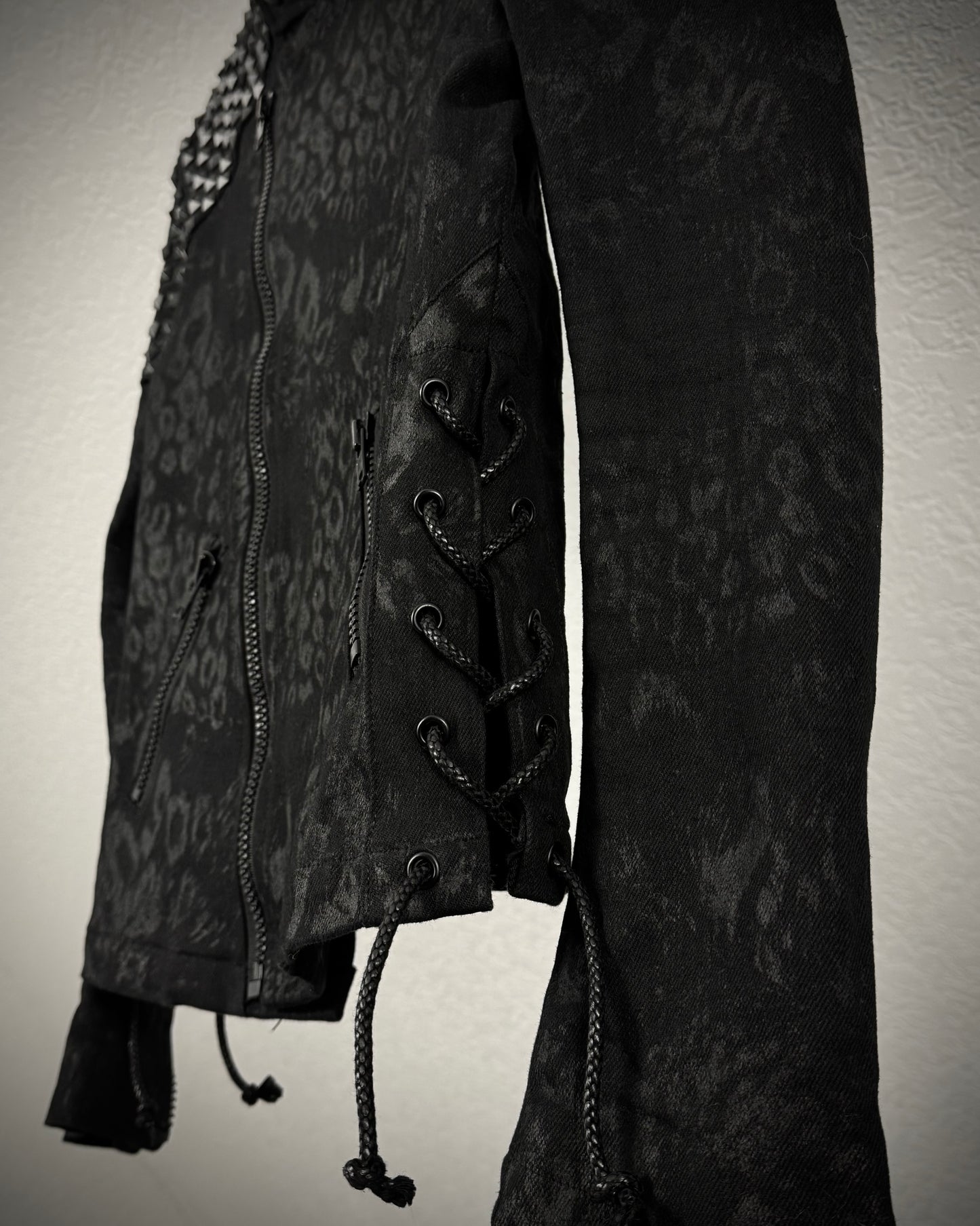 By The R Leopard Waxed Studded Lace Up Biker Jacket