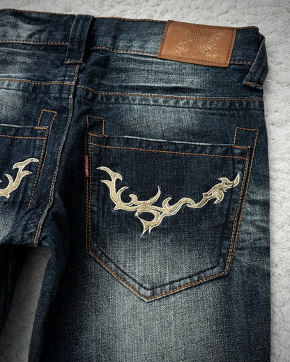 Tornado Mart Tribal Embroidery Spiral Flared Jeans