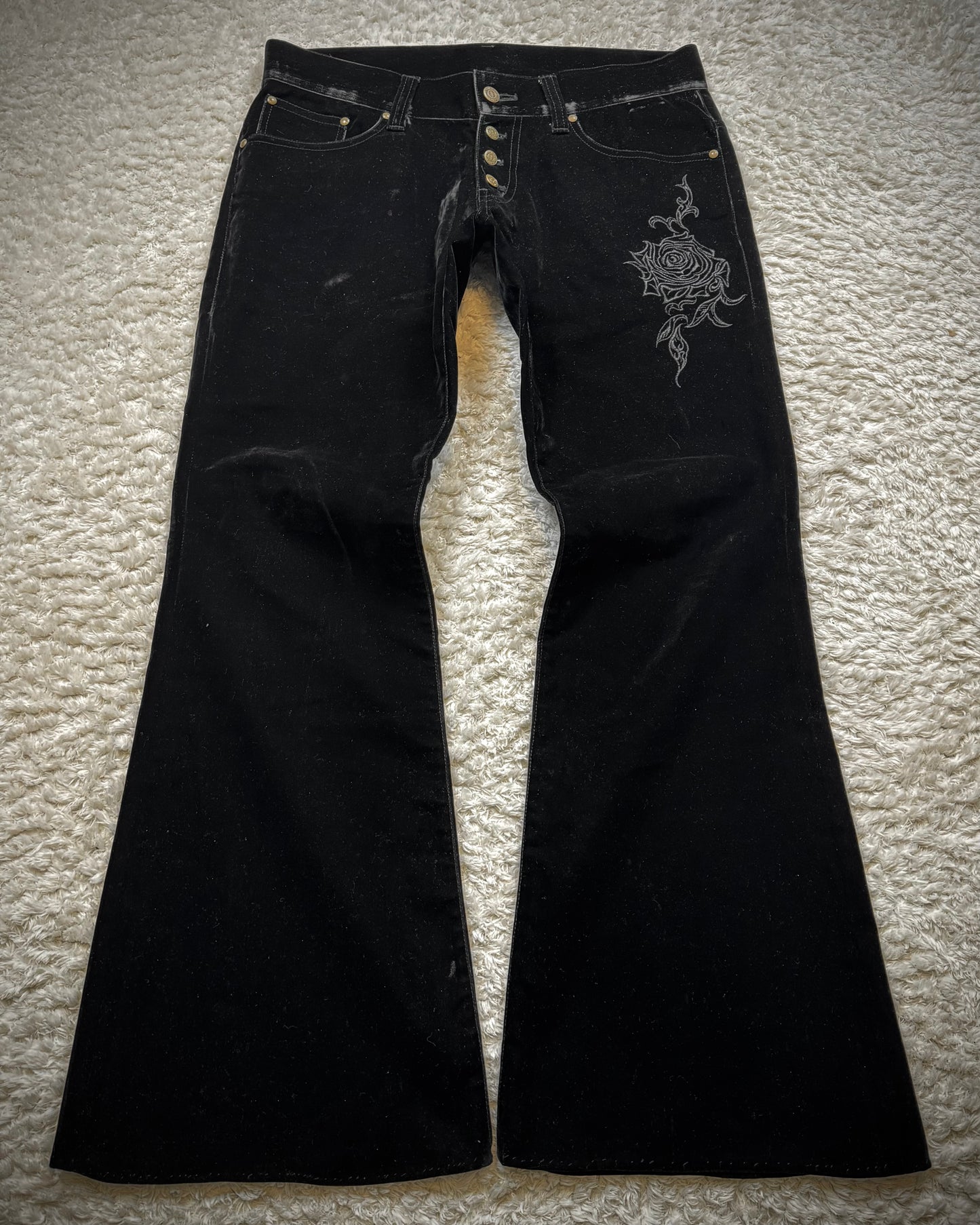 Tornado Mart Rose Embroidery Velour Flared Pants