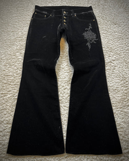 Tornado Mart Rose Embroidery Velour Flared Pants