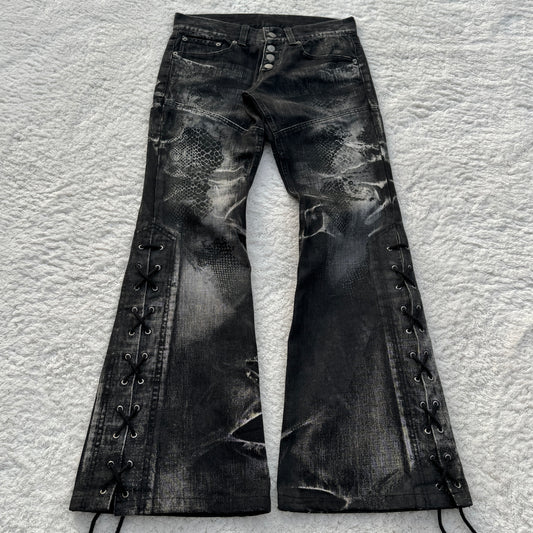 Tornado Mart Snakeskin Imprint Lace-Up Flared Jeans