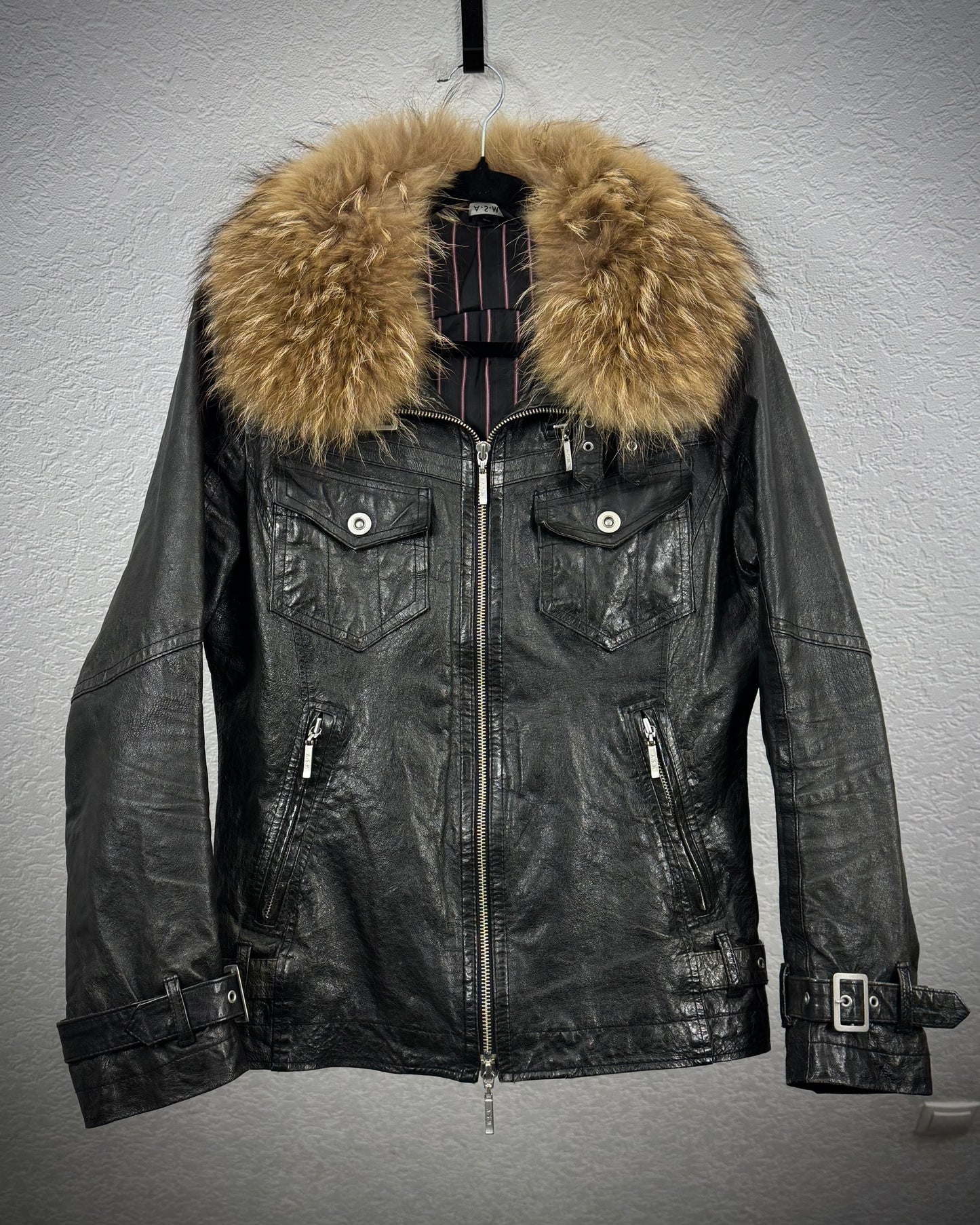 Atelier Sab Men Chunky Raccoon Fur Collar Leather Jacket