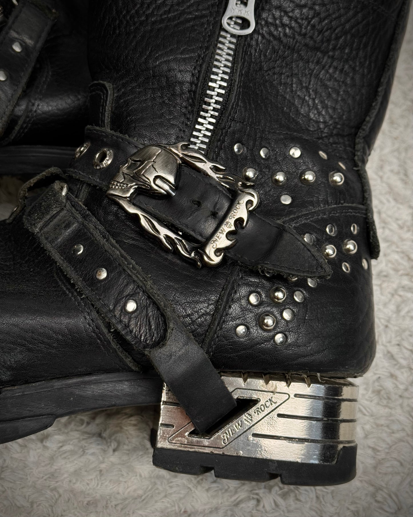 New Rock Steel Heel Studded Belted Leather Boots