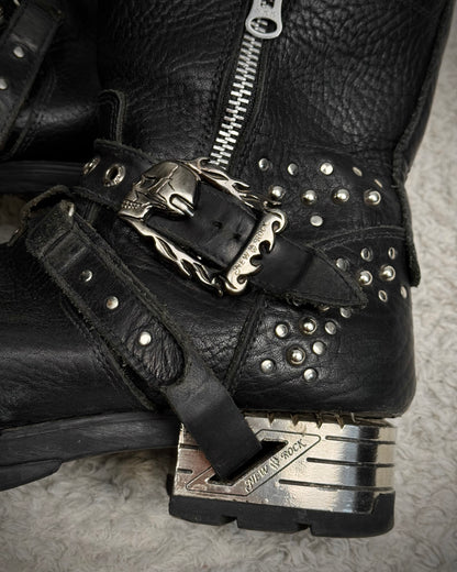New Rock Steel Heel Studded Belted Leather Boots