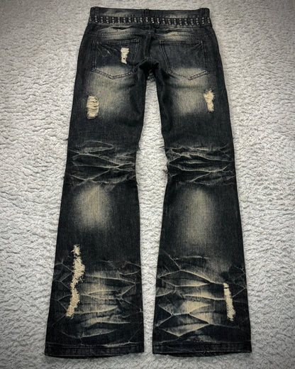 Lowbox Double Waisted Studded Repaired Flared Jeans