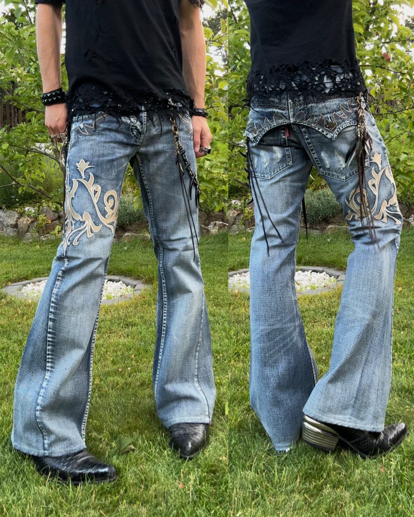 Tornado Mart Tribal Embroidery Spiral Flared Jeans