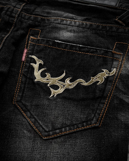 Tornado Mart Tribal Embroidery Whiskered Spiral Flared Jeans