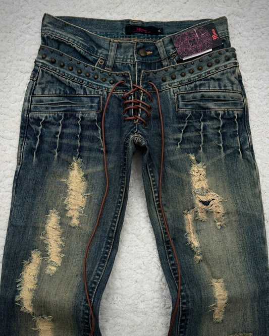 Midas Lace Up Double Waist Studded Bootcut Jeans