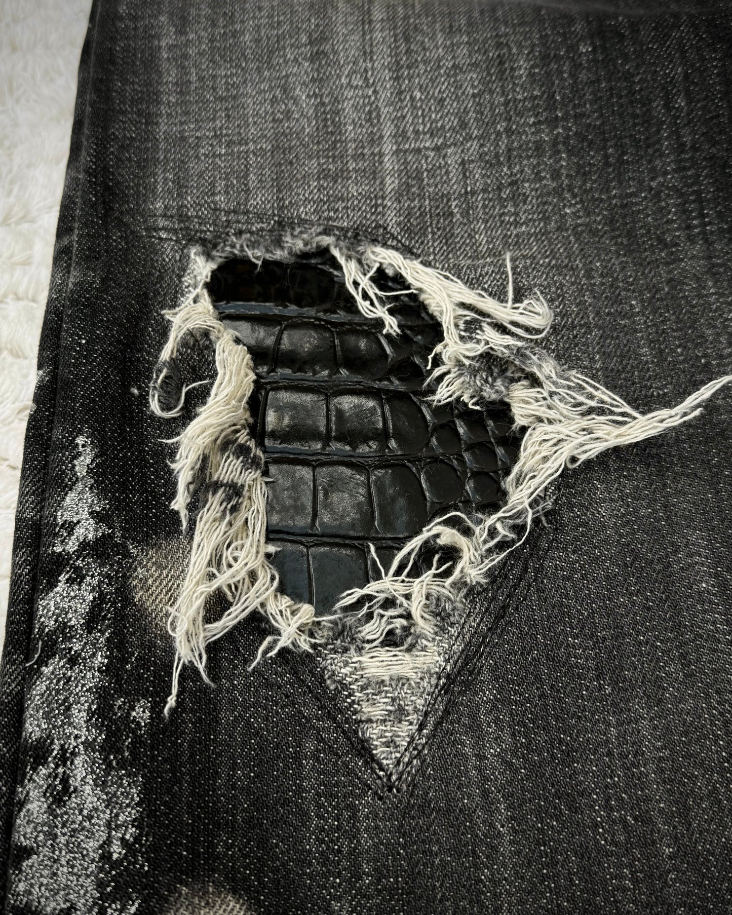 Midas Croc Repaired Silver Waxed Lace Up Bootcut Jeans