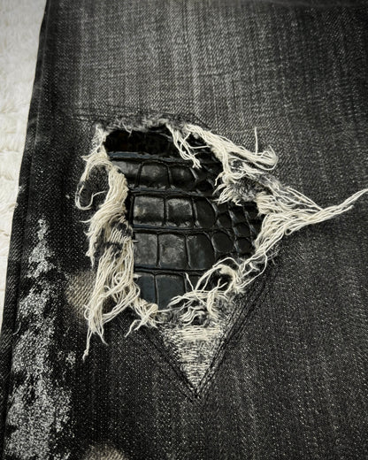 Midas Croc Repaired Silver Waxed Lace Up Bootcut Jeans