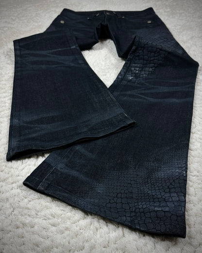 Tornado Mart 3D Python Coated Whisker Waxed Flared Jeans