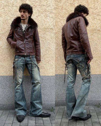 Tornado Mart Tribal Embroidery Spiral Flared Jeans