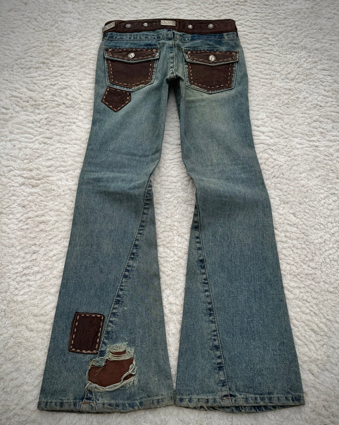My Tribe Western Belted Steel Detailed Leather Repairs Flared Jeans