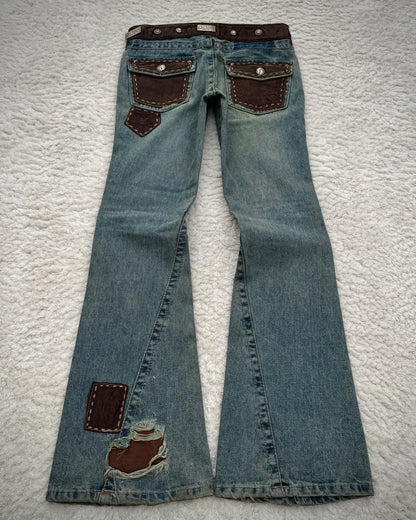 My Tribe Western Belted Steel Detailed Leather Repairs Flared Jeans
