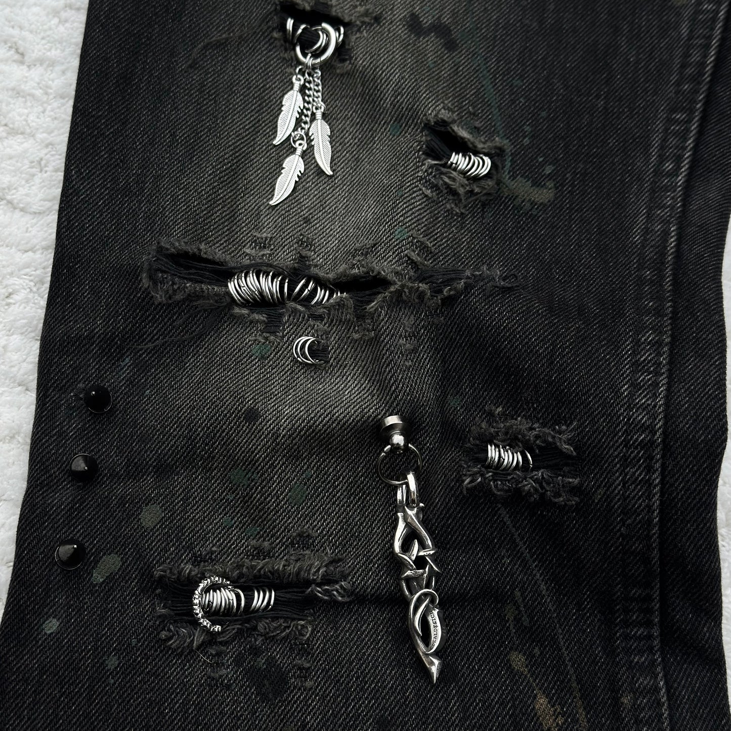 Shellac Pierced Studded Distressed Chain Bootcut Jeans