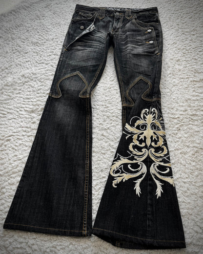 Tornado Mart Tribal Tattoo Embroidery Flared Jeans