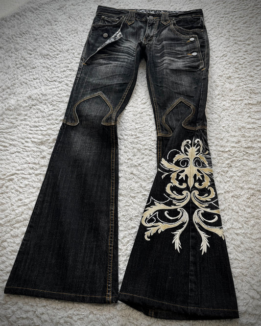 Tornado Mart Tribal Tattoo Embroidery Flared Jeans