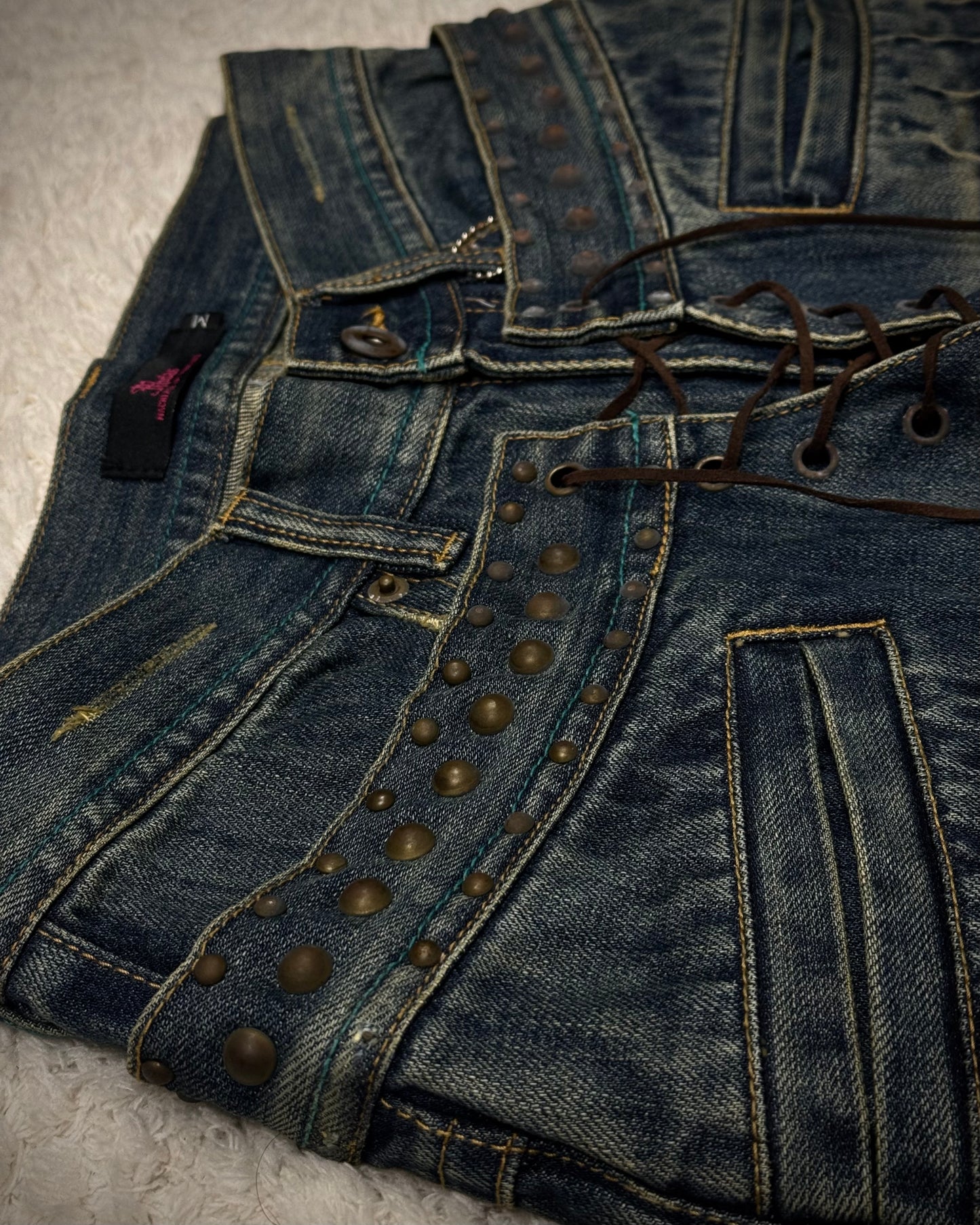 Midas Studded Double Waisted Lace Up Flared Jeans