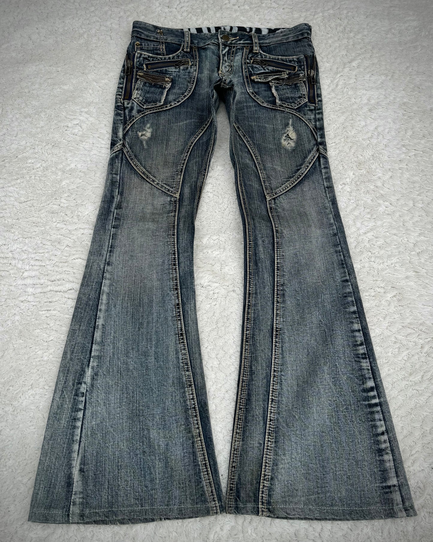 Tornado Mart Leather Detailed Paneled Construction Flared Jeans