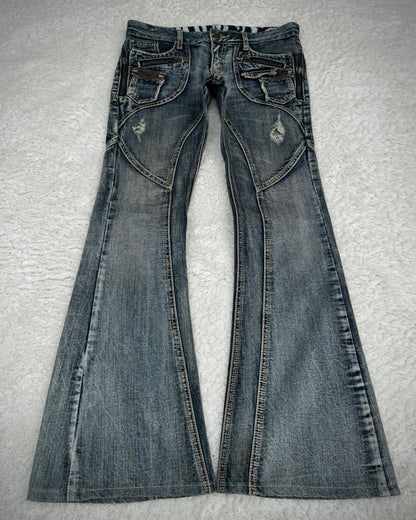 Tornado Mart Leather Detailed Paneled Construction Flared Jeans