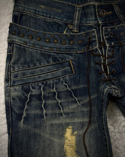 Midas Studded Double Waisted Lace Up Flared Jeans