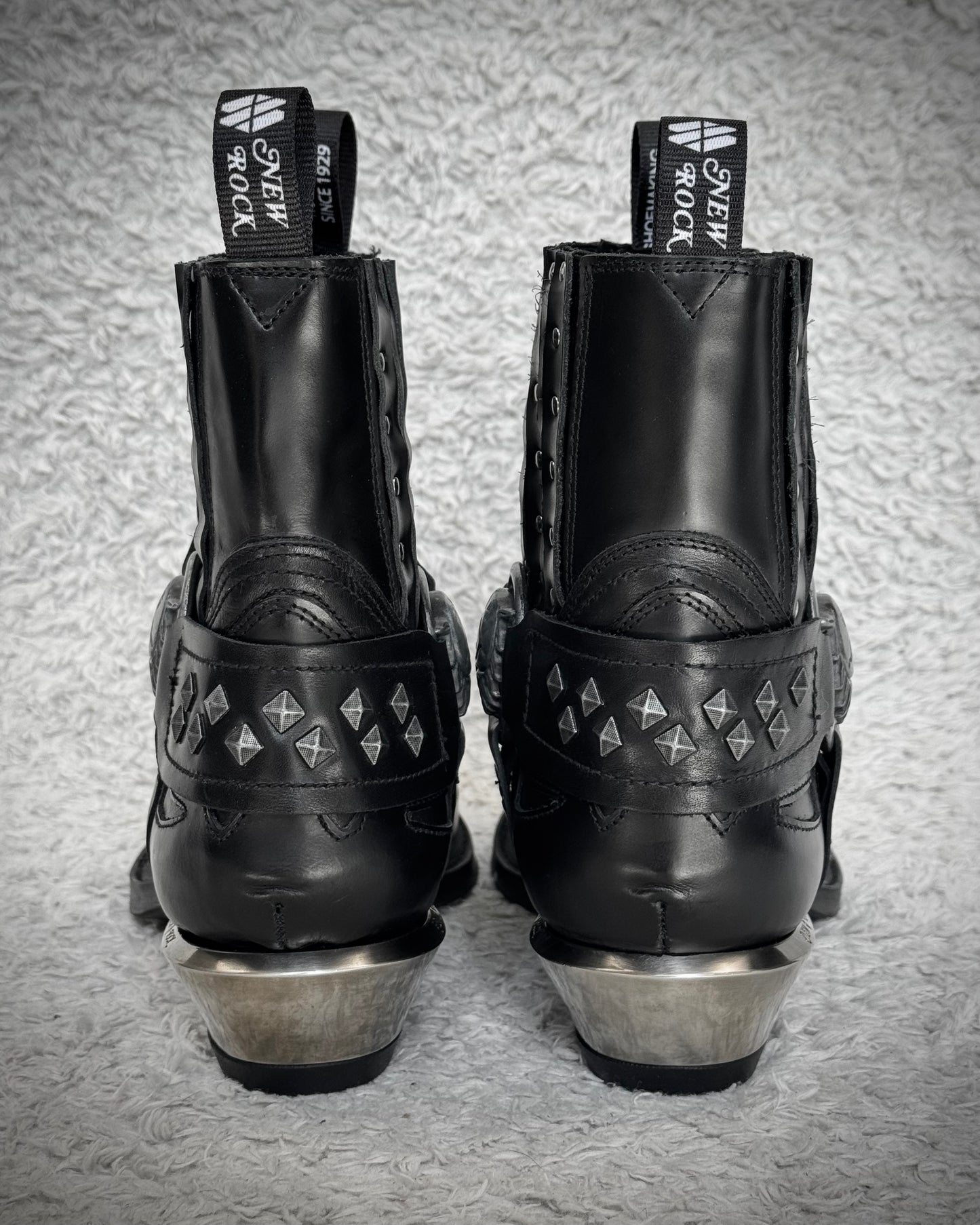 New Rock Studded Steel Heel Harness Leather Boots
