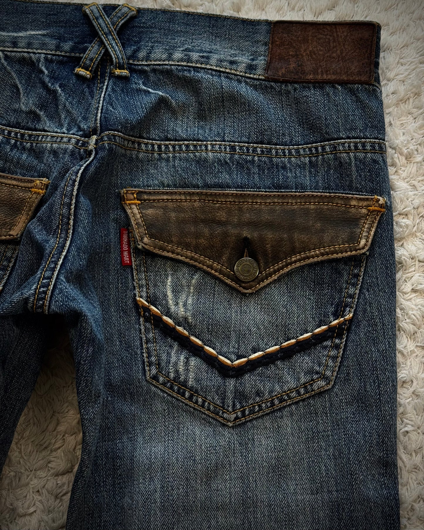 Tornado Mart Leather Flap Pocket Sword Knee Flared Jeans