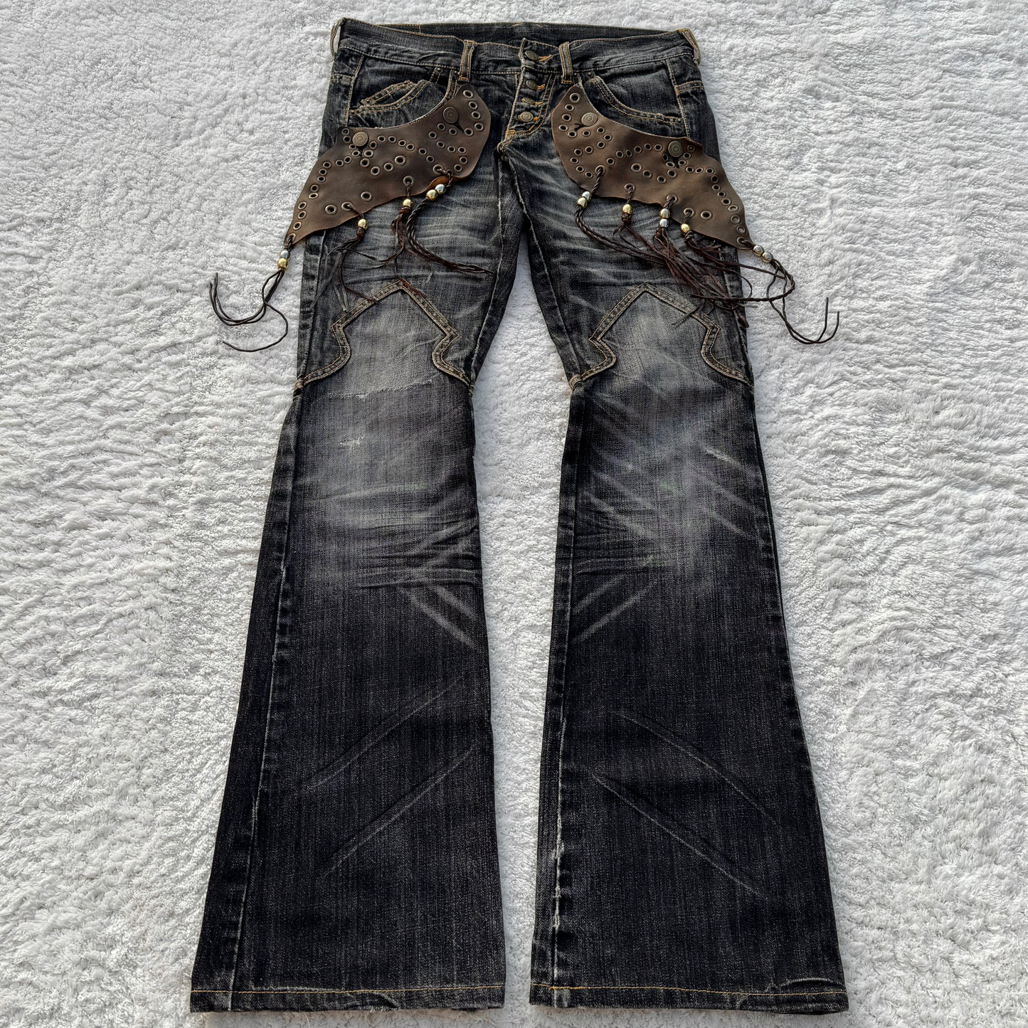 Tornado Mart Western Leather Tassel Flared Jeans