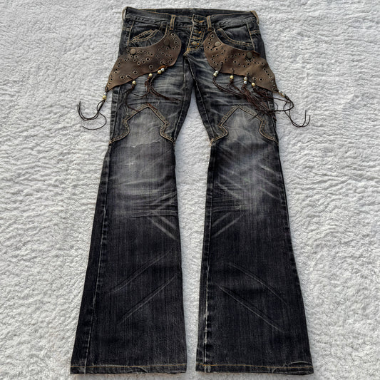 Tornado Mart Western Leather Tassel Flared Jeans