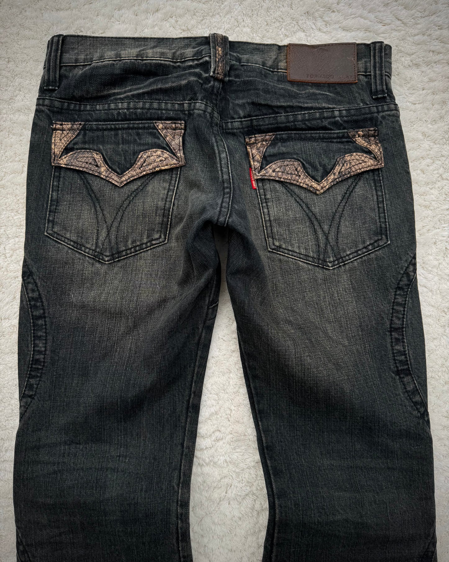 Tornado Mart Mud Washed Python Detailed Lace Up Flared Jeans