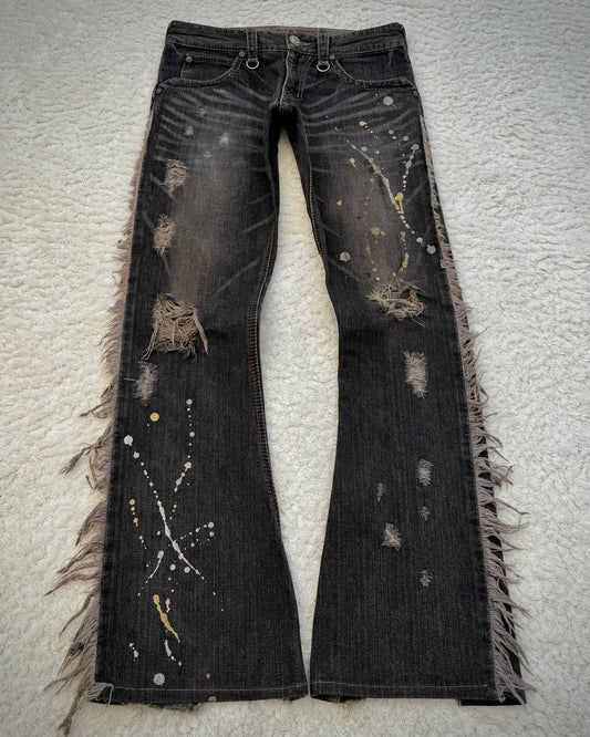 Obelisk Fringed Paint Splatter Flared Jeans