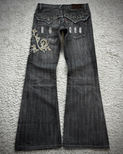 Tornado Mart Tribal Embroidery Spiral Flared Jeans