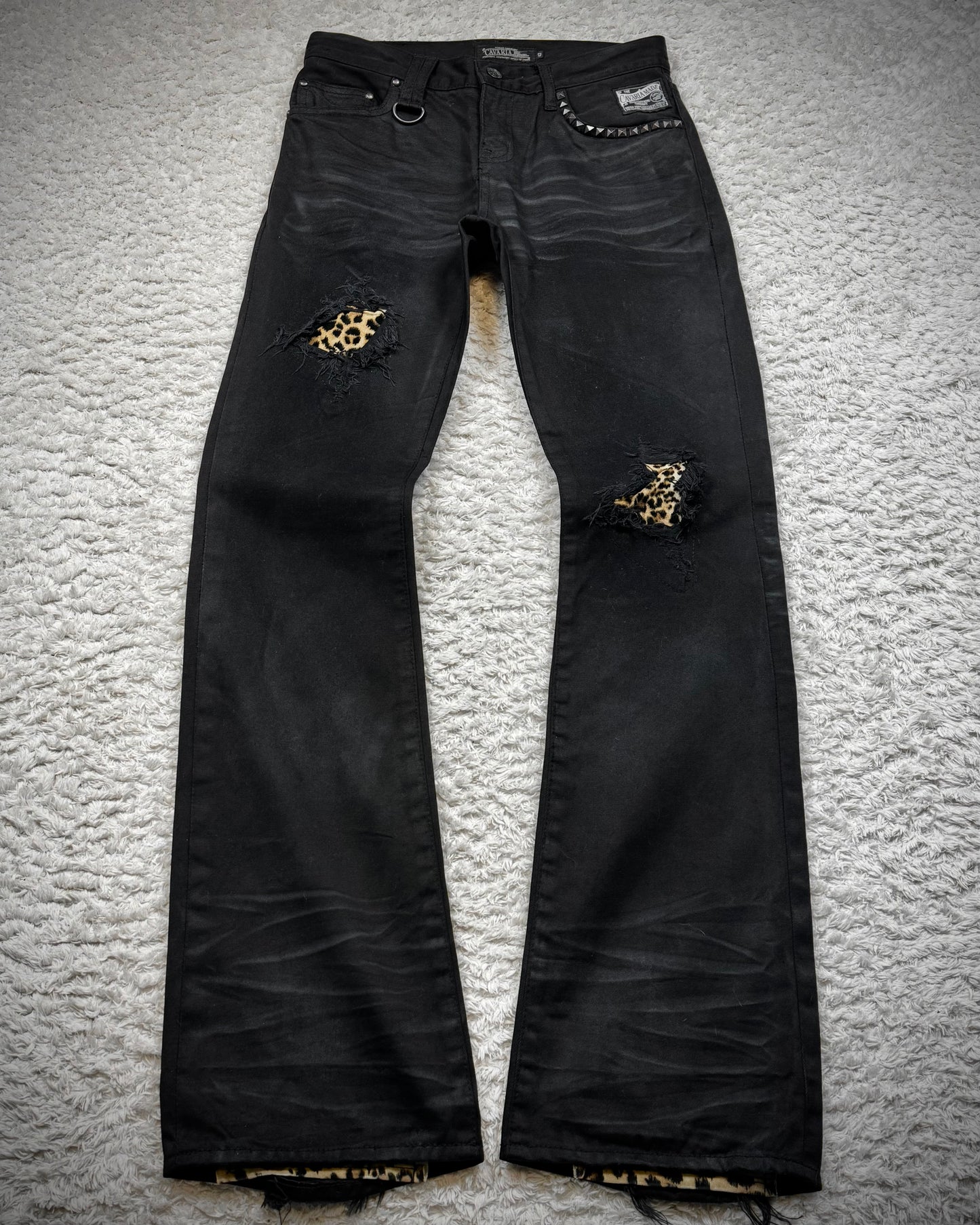 CavariA Leopard Repaired Whisker Washed Bootcut Denim