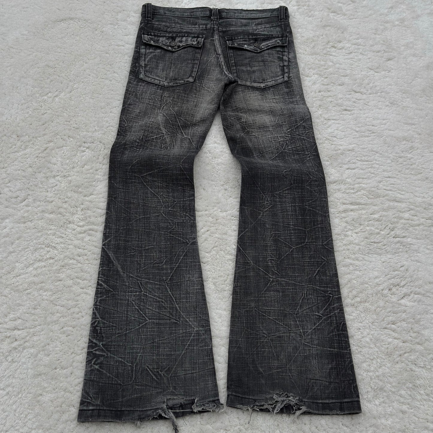 K.U.I. Cracked Wash Distressed Spiral Flared Jeans