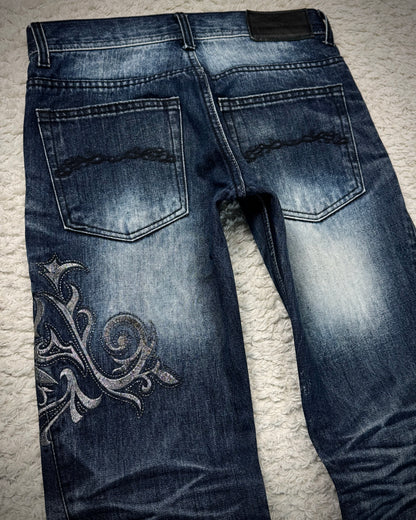 Midas Clawmarks Silver Tribal Embroidery Flared Jeans