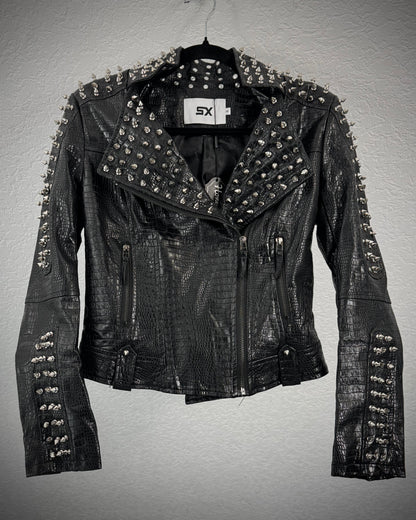 SX Honey Pot Crocodile Textured Studded Leather Jacket