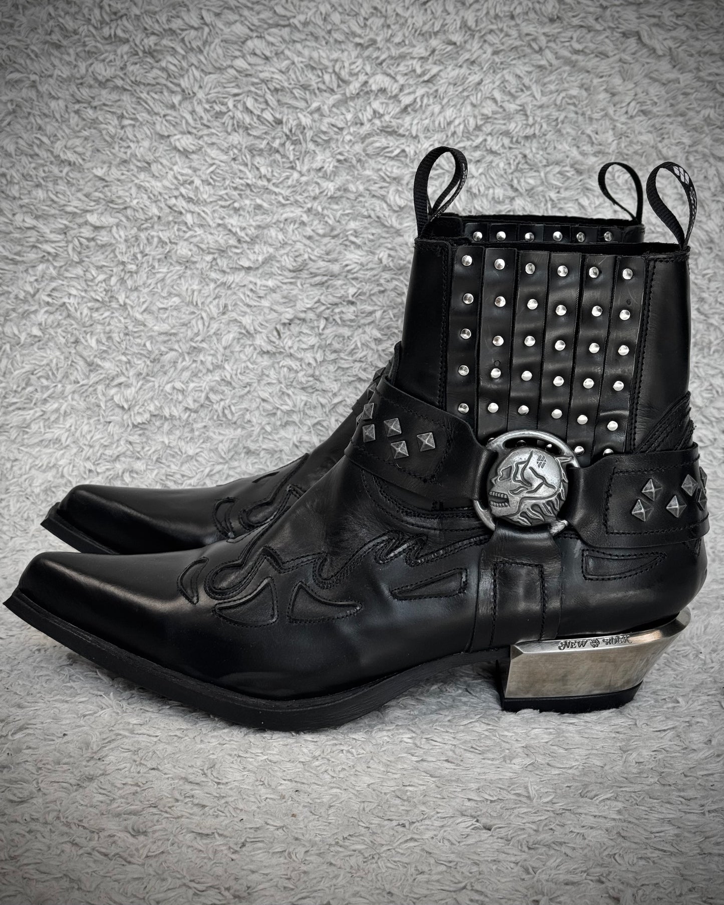 New Rock Studded Steel Heel Harness Leather Boots