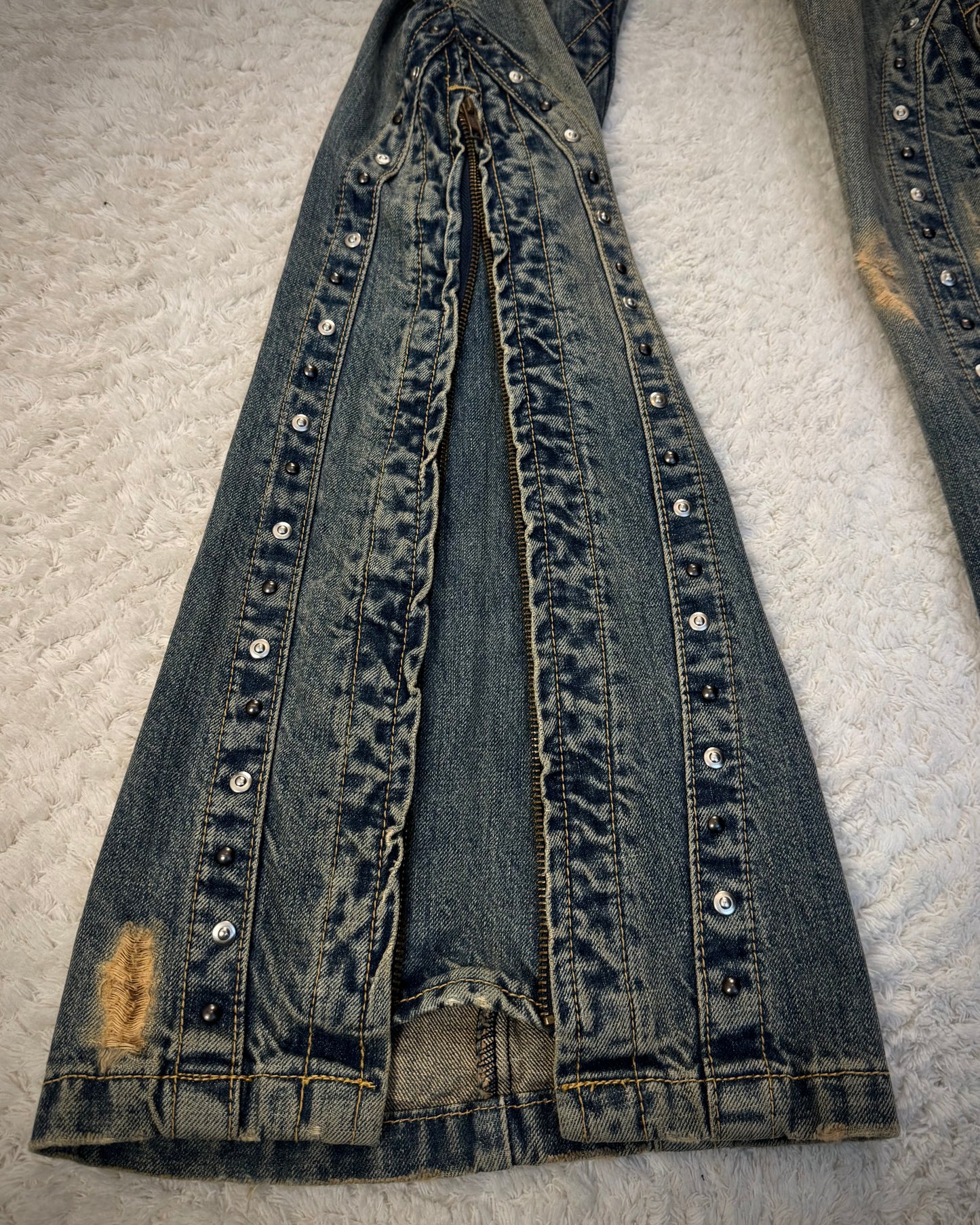 Tornado Mart Studded Mud Washed Zipper Flared Jeans
