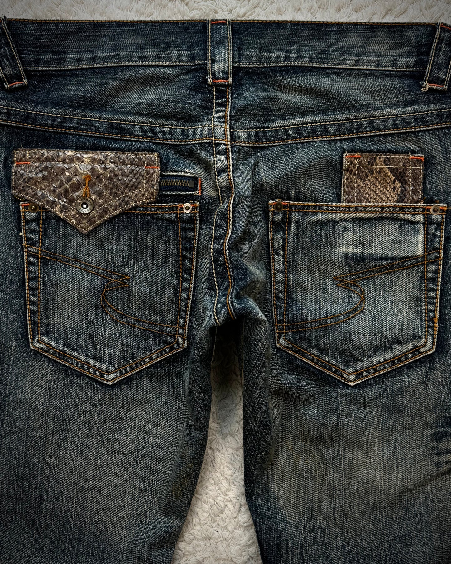 Semantic Design Python Pocket Detailed Spiral Flared Jeans