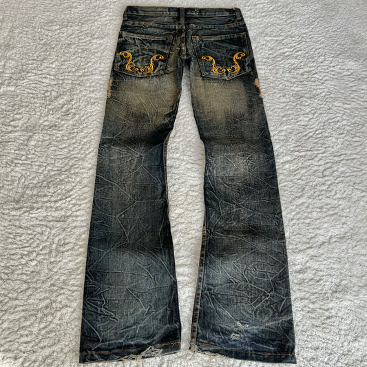 K.U.I. Baroque Embroidery Distressed Flared Jeans