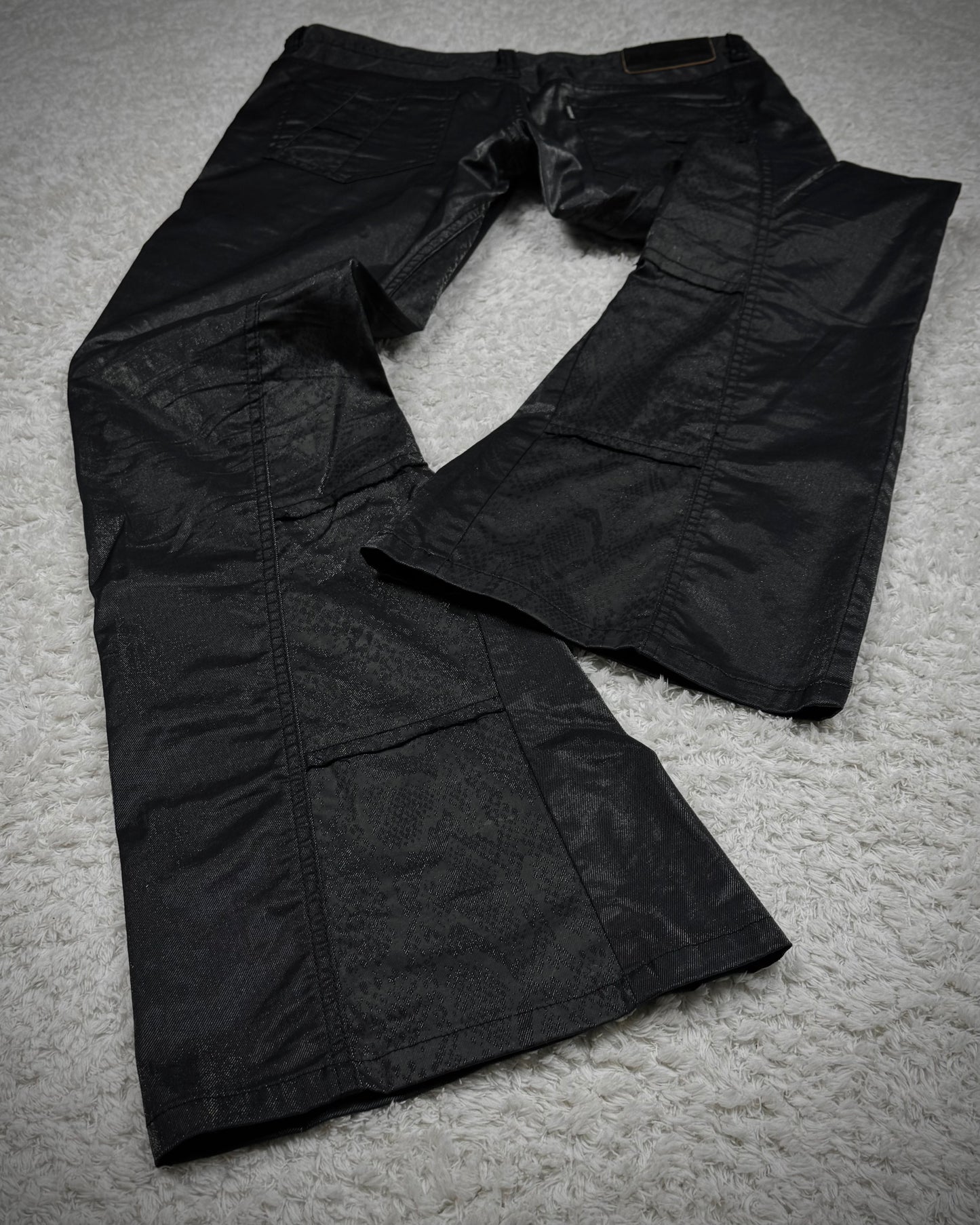 Tornado Mart Python Shimmer Coated Flared Pants