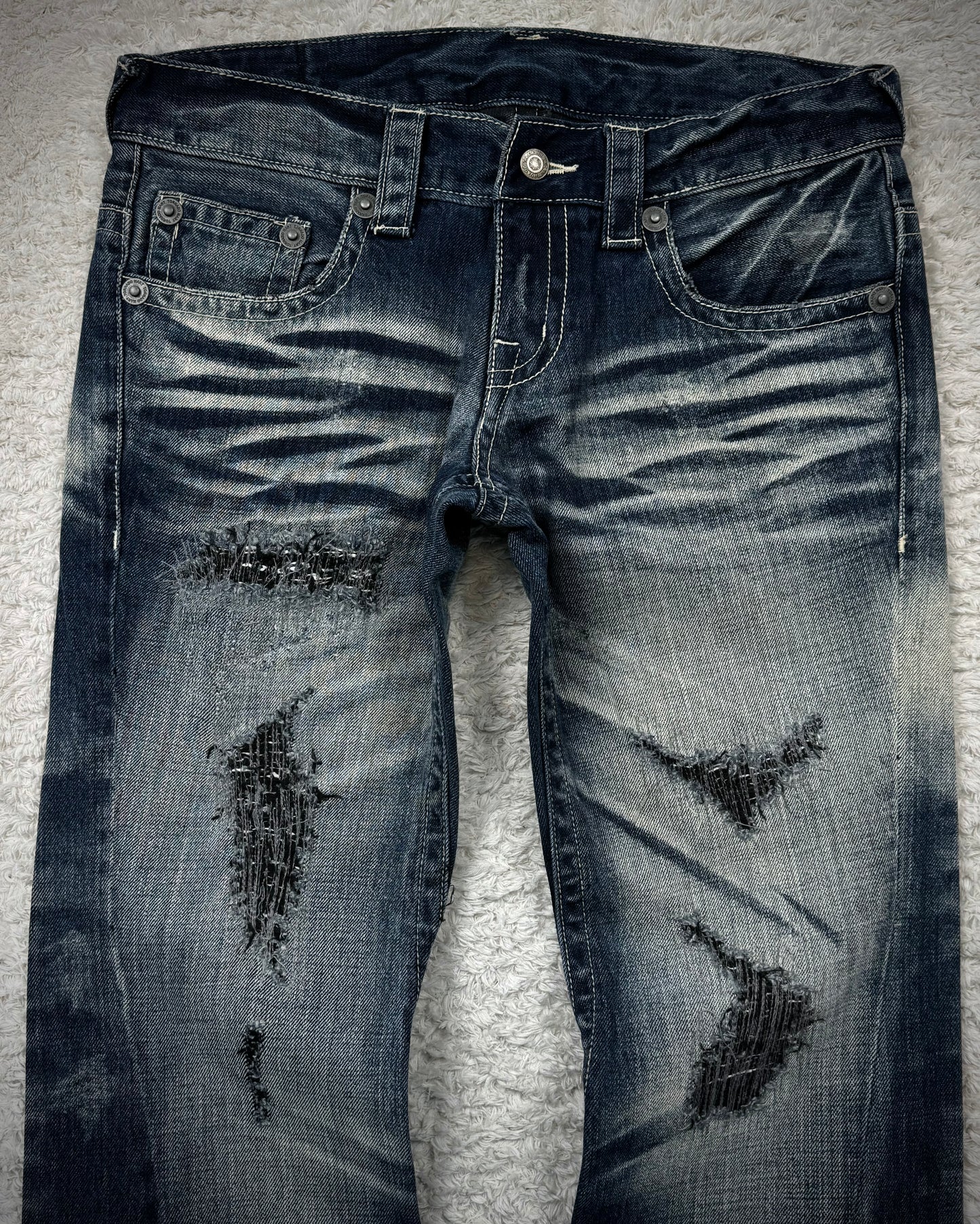 Tornado Mart Stitch Repaired Clawmarks Washed Spiral Flared Jeans