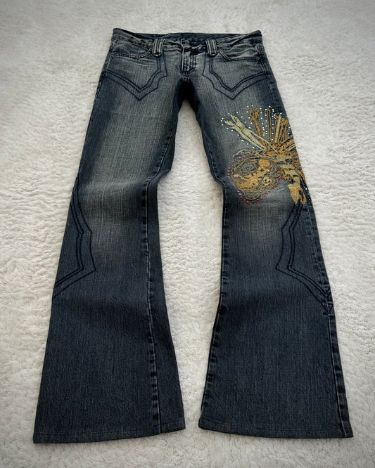Tornado Mart Tribe Skull Embroidery Flared Jeans