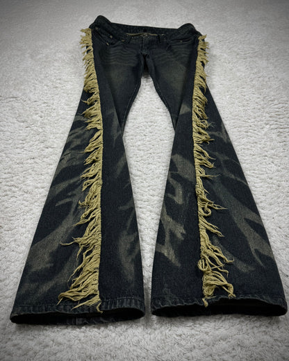 Black Baccara Fringed Zebra Washed Flared Jeans