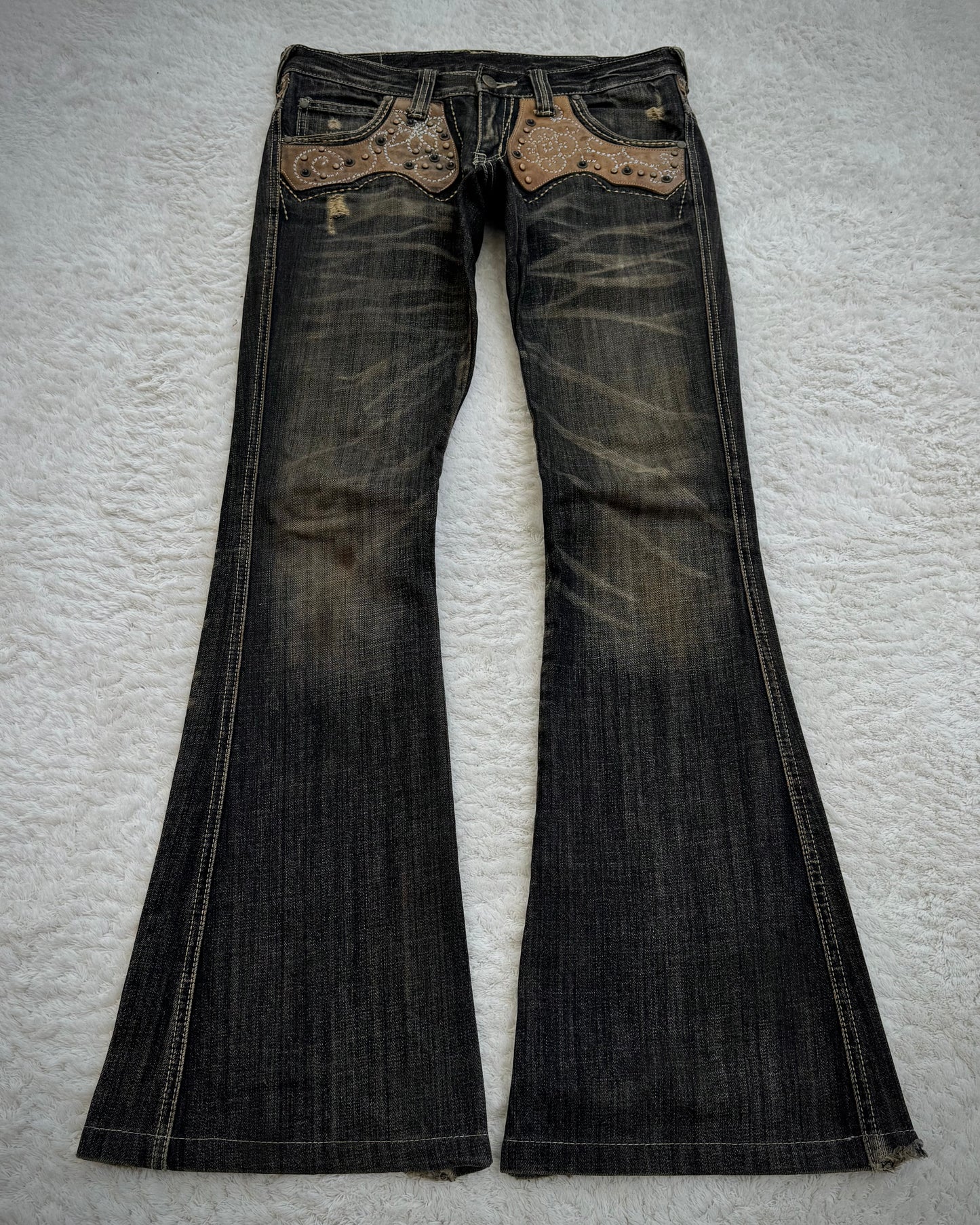 Tornado Mart Western Studded Leather Panels Flared Jeans