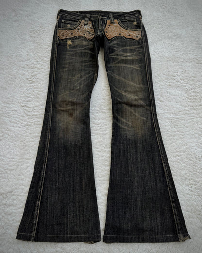 Tornado Mart Western Studded Leather Panels Flared Jeans