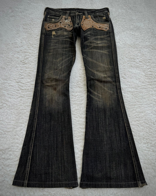 Tornado Mart Western Studded Leather Panels Flared Jeans