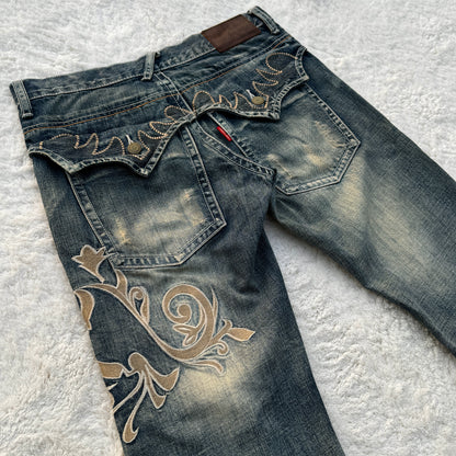 Tornado Mart Mud Wash Tribal Embroidery Flared Jeans