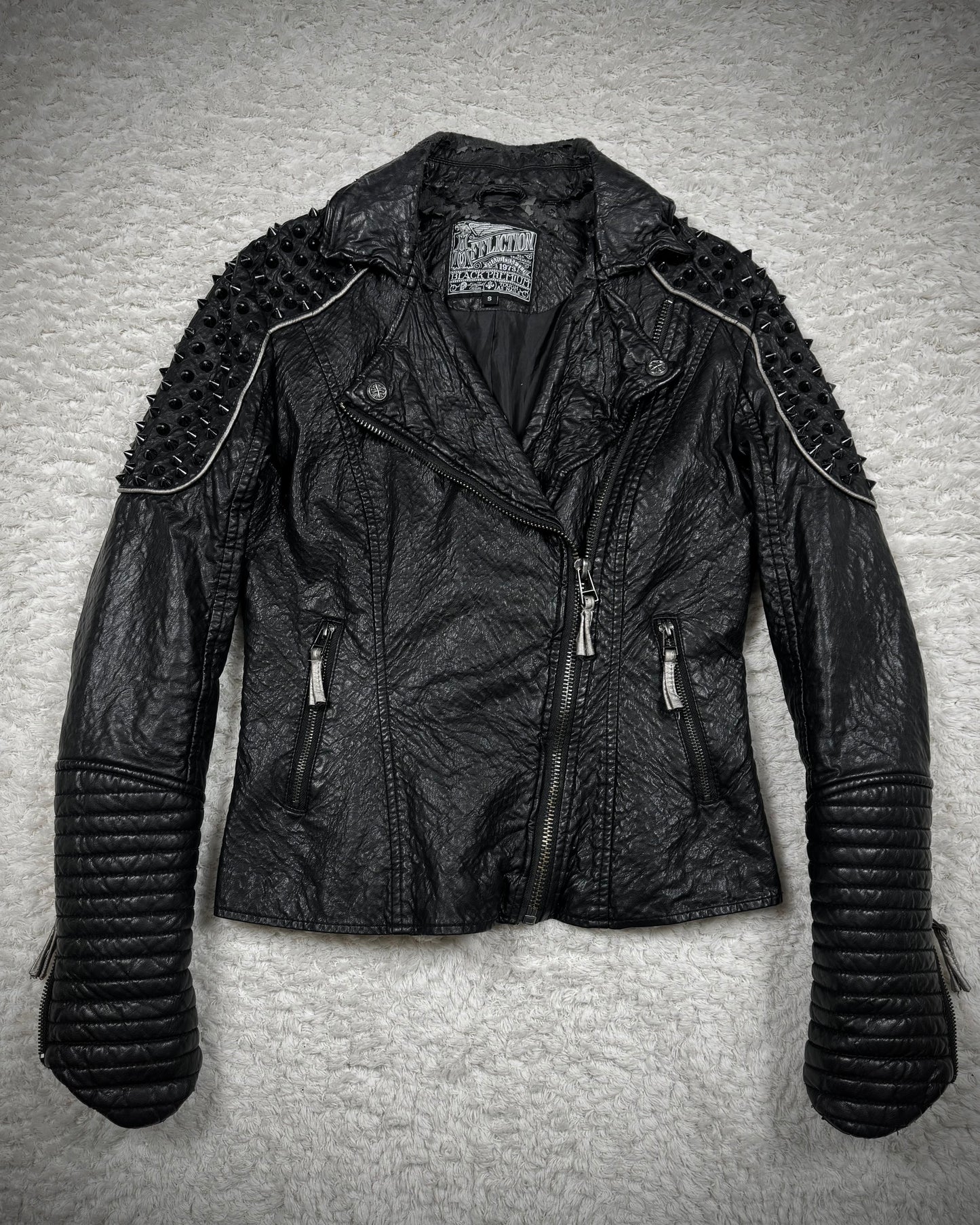 Affliction Spike Studded Metal Badge Leather Jacket